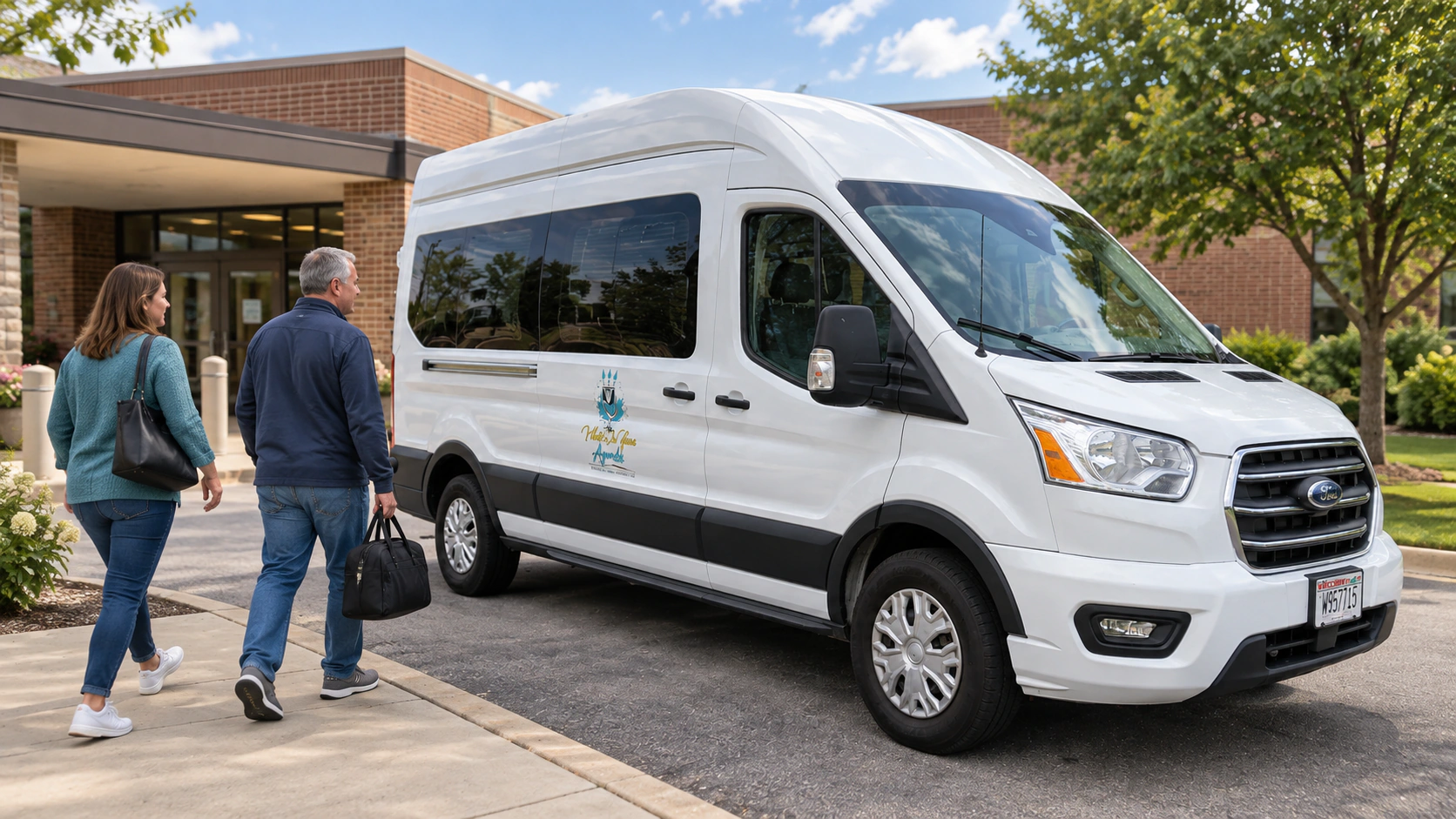 What's On Your Agenda passenger van at a Wisconsin correctional facility visitor entrance.