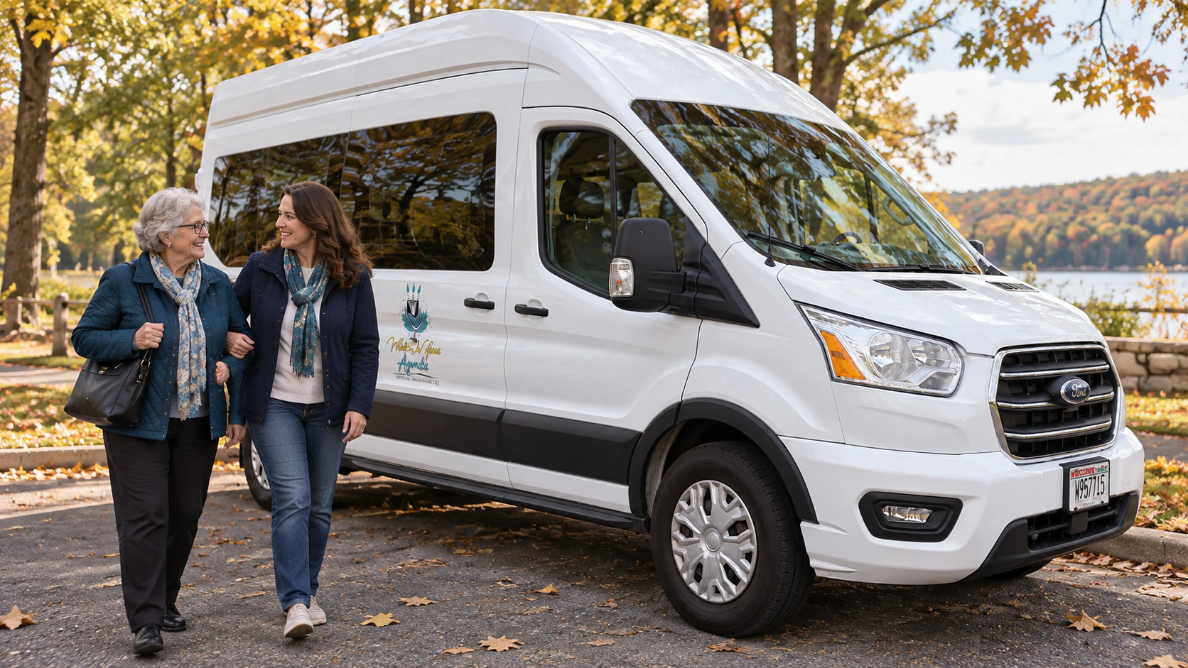 Family members meeting their driver beside the What's On Your Agenda van before a facility visit.