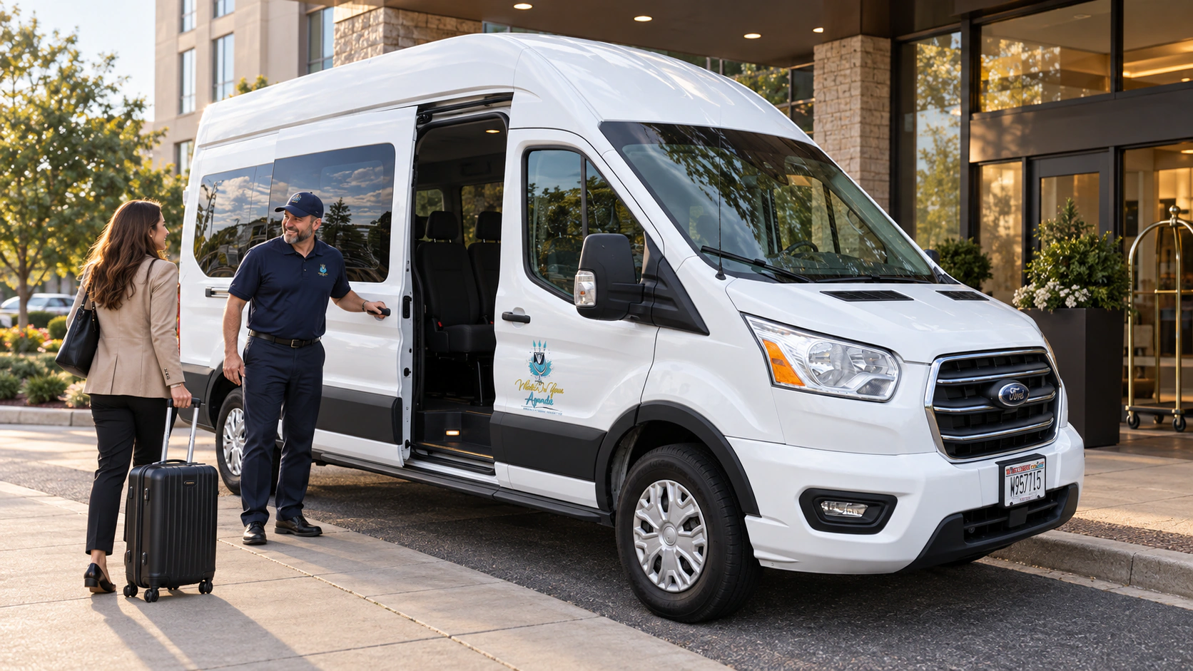 A rider being greeted by the driver of the What's On Your Agenda van.